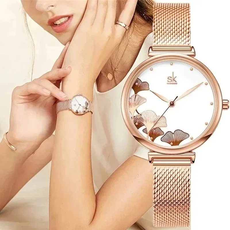 Stainless Mesh Band - Роскошные женские часы с рисунком гинкго,